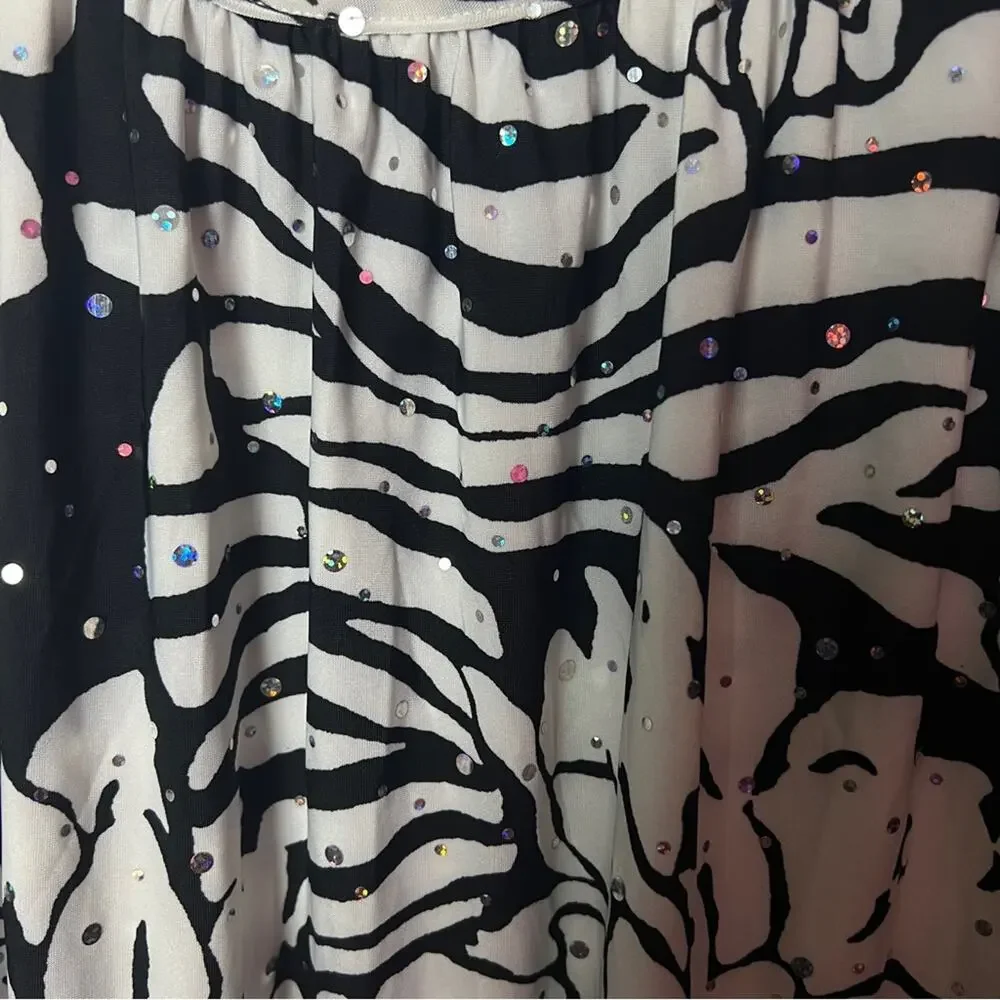 Rebecca Malone Women’s Black and White Shimmer Stretch 3/4 Sleeve Print Blouse